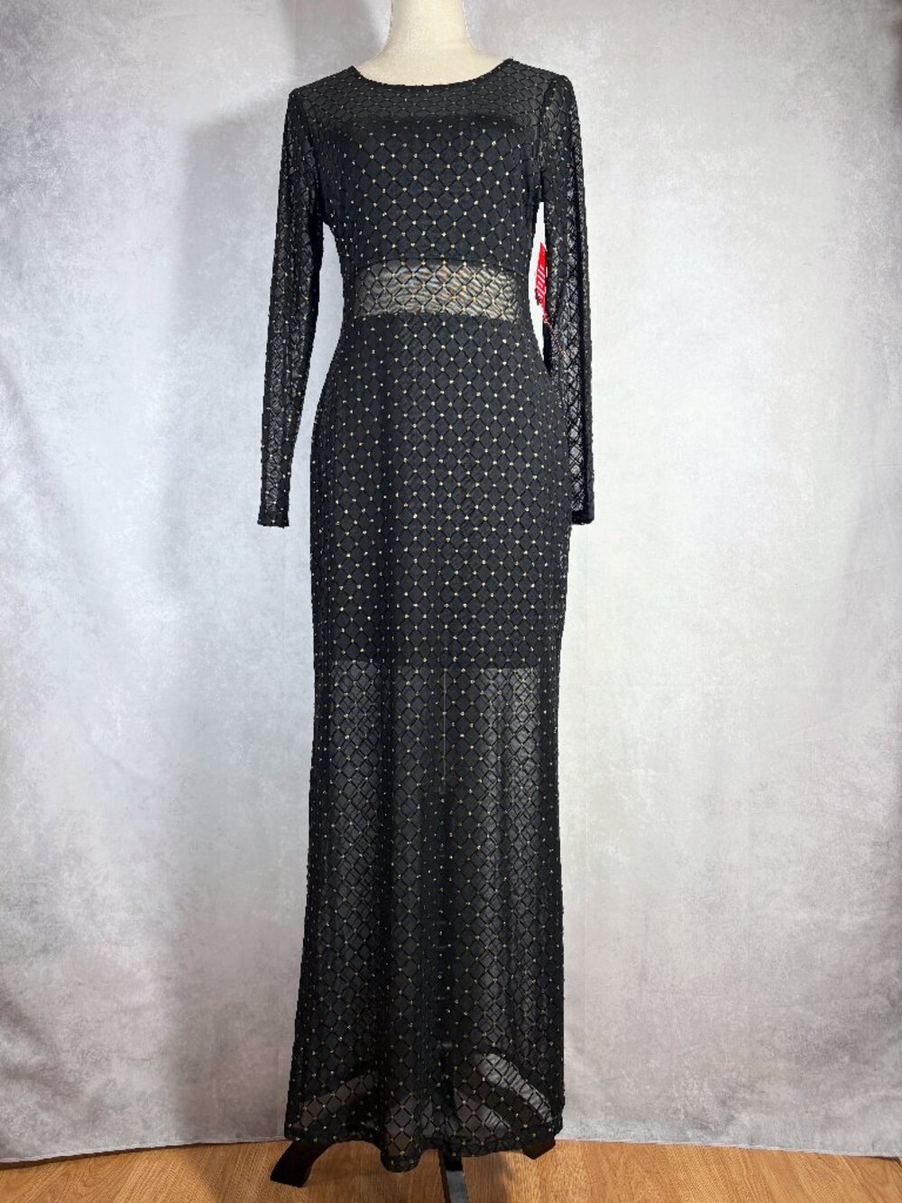 A.U.W Secret Charm Maxi Mesh Dress Bodycon Black with Gold Details Size L